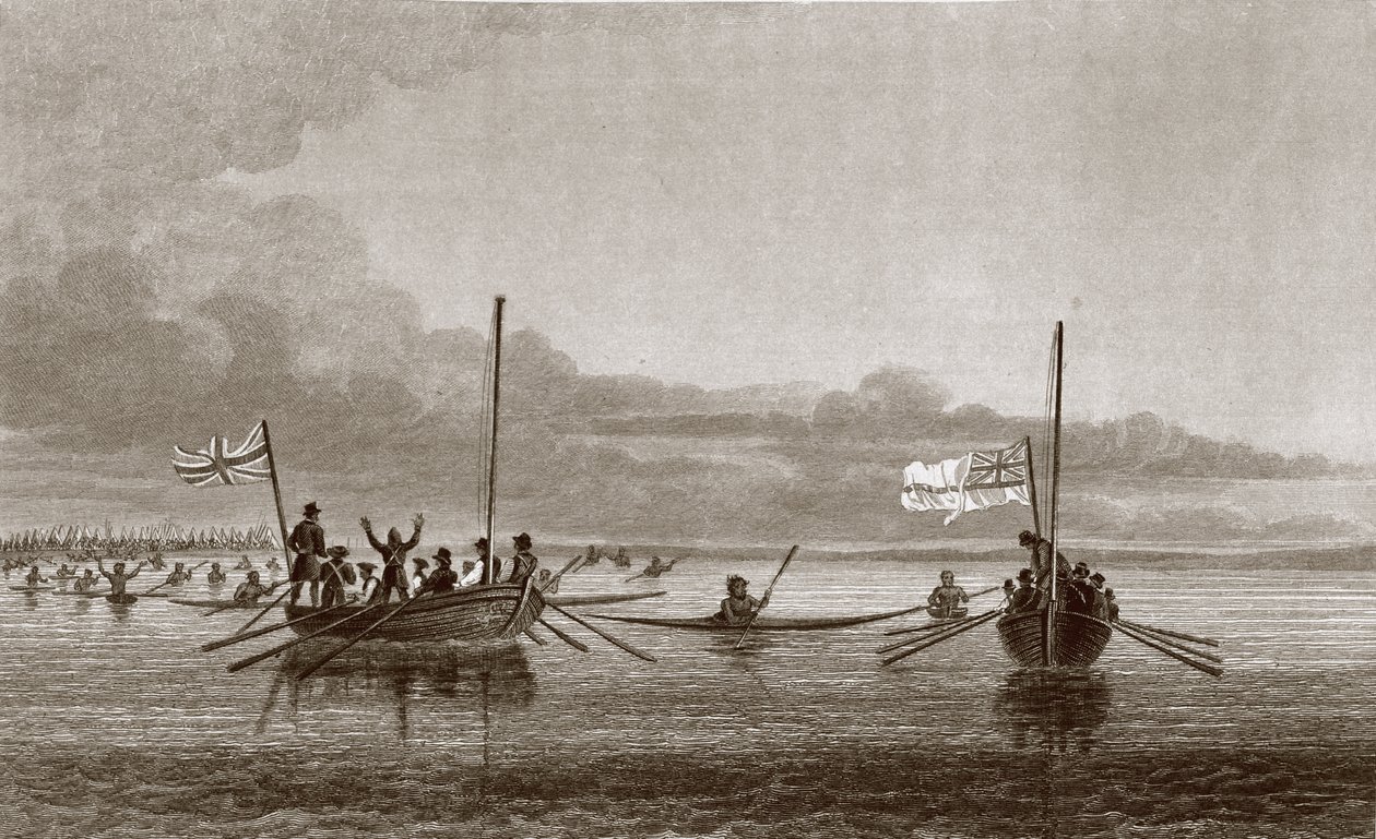 Eskimaux Coming Towards the Boats in Shoalwater Bay, 7. heinäkuuta 1826 Sir John Franklinin (1786-1847) kirjoituksesta "Kertomus toisesta tutkimusmatkasta Napameren rannoille vuosina 1825-27" tekijältä George Back