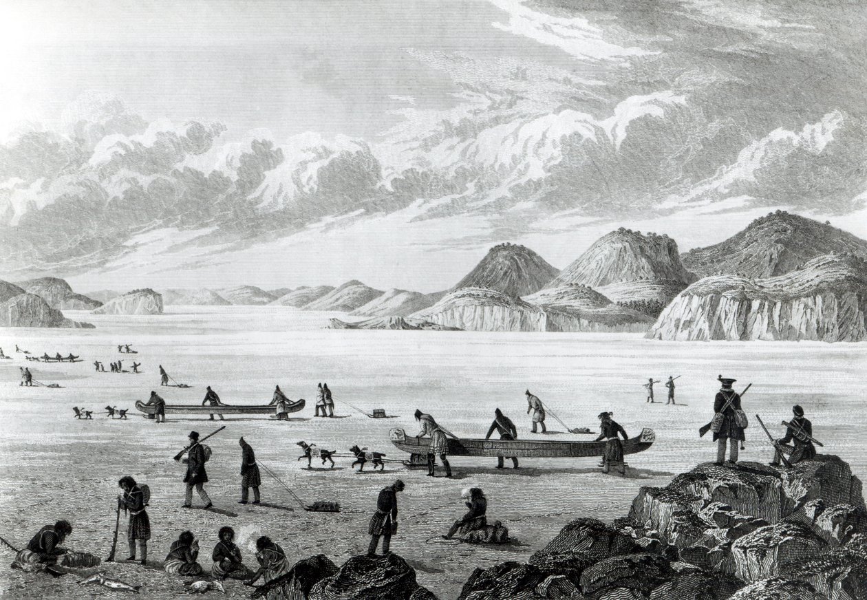 Retkikunta kulkee Point Latan läpi jäällä, kaiverrus Edward Francis Finden (1791-1857) 25. kesäkuuta 1821 tekijältä George Back