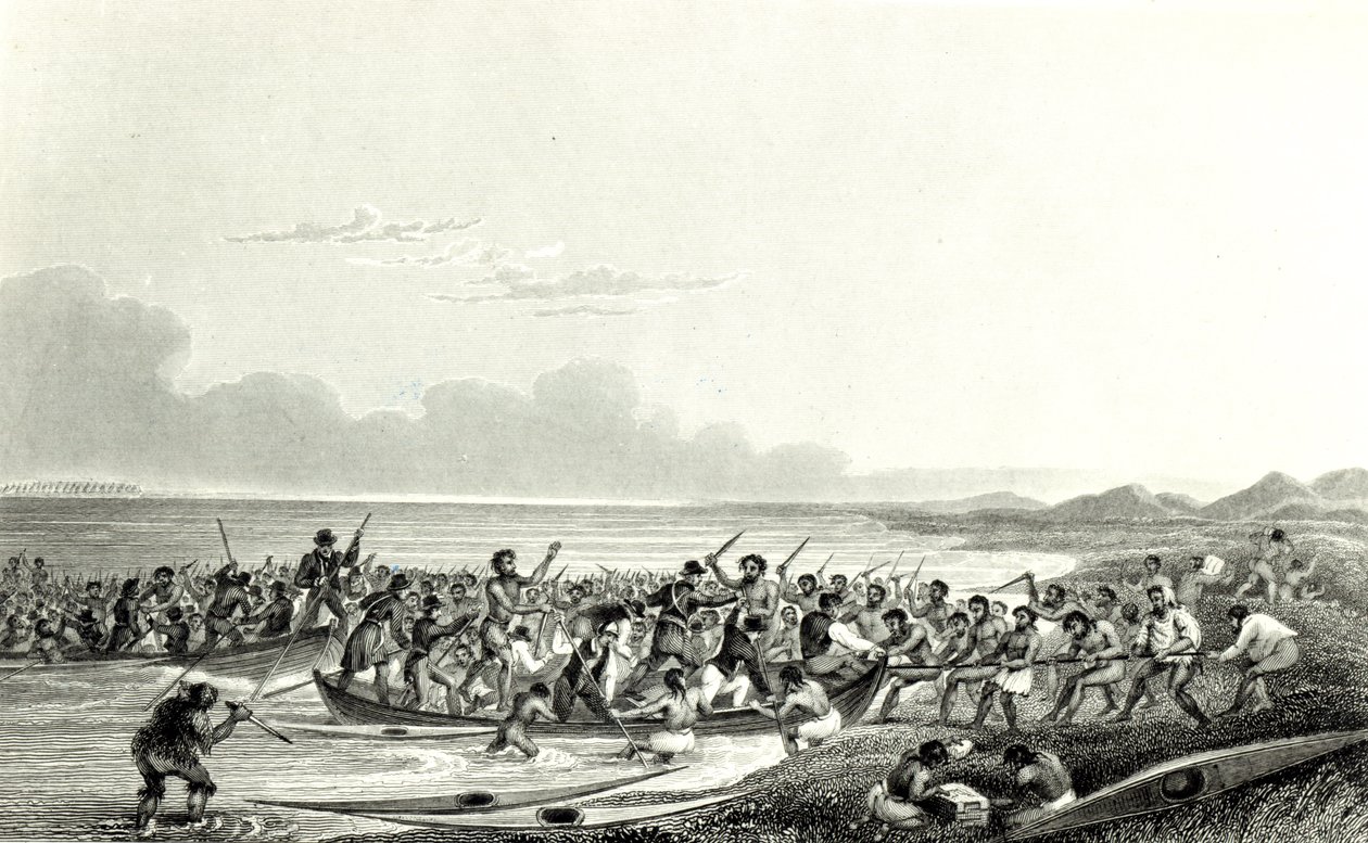 Eskimot ryöstävät veneitä, kaiverrus Edward Francis Finden (1791-1857), toukokuu 1828 tekijältä George Back