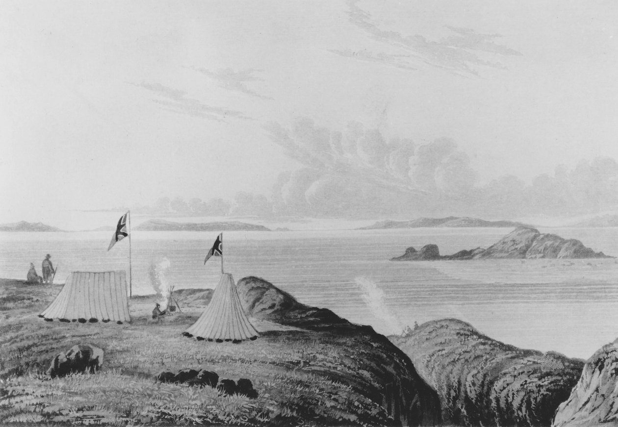 Näkymä Jäämerelle Kuparikaivosjoen suulta keskiyöllä, 1821. tekijältä George Back