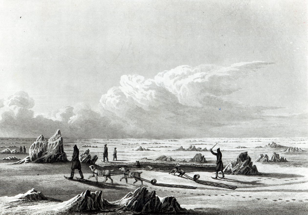 Talvimatka Suurella Orjajärvellä, "Matka napamerelle", kaivertanut Edward Finden (1791-1857) tekijältä George Back