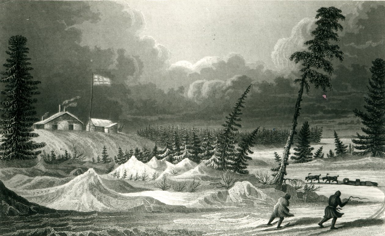 Talvinäkymä Franklinin linnakkeesta, kaiverrettu Edward Francis Findenin (1791-1857) toimesta toukokuussa 1828. tekijältä George Back