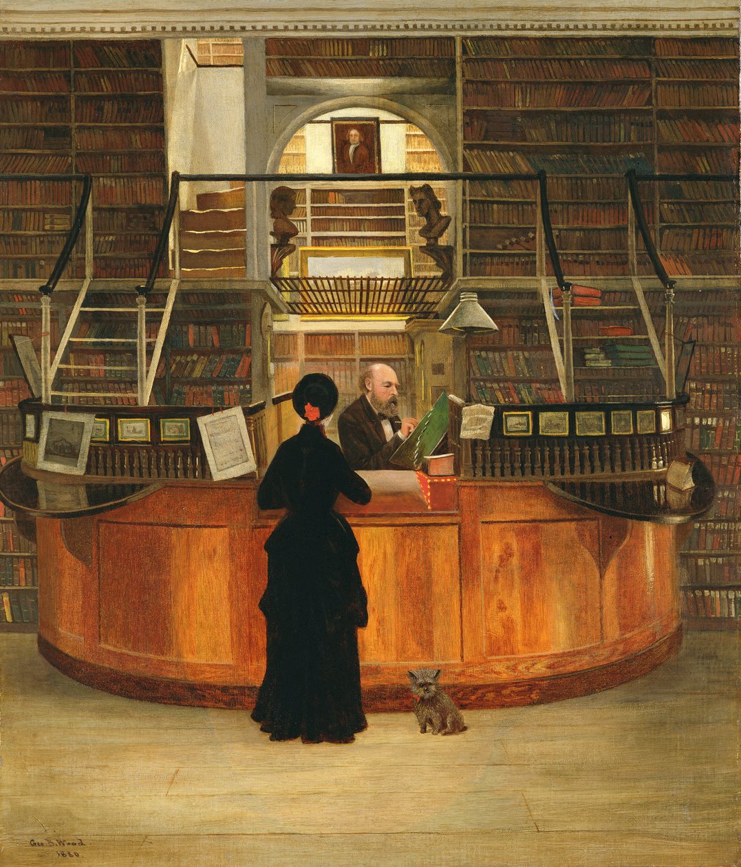 Philadelphian Logan Libraryn sisätilat, kirjastonhoitaja LLoyd Pearsall Smith pöytänsä ääressä, 1880 tekijältä George Bacon Wood