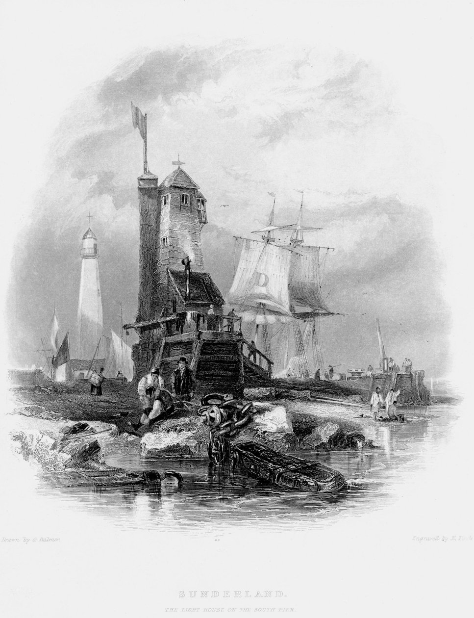 Sunderlandin majakka eteläisellä laiturilla, 1841 tekijältä George Balmer