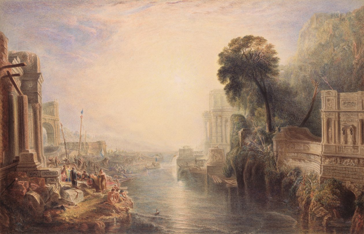Muinaisen Rooman rauniot, n. 1820 (wc ja arabikumi paperilla) tekijältä George Barret
