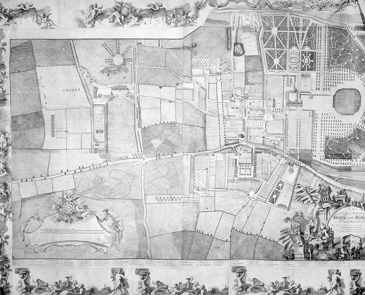 Yksityiskohta (vasemmalla) Joshua Rhodesin laatimasta Kensingtonin palatsin pohjapiirroksesta, 1764. tekijältä George Bickham