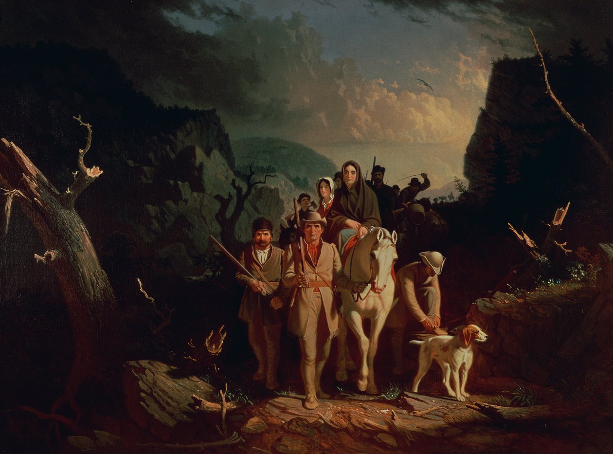 Daniel Boone saattoi uudisasukkaita Cumberland Gapin läpi 1851-52 tekijältä George Caleb Bingham
