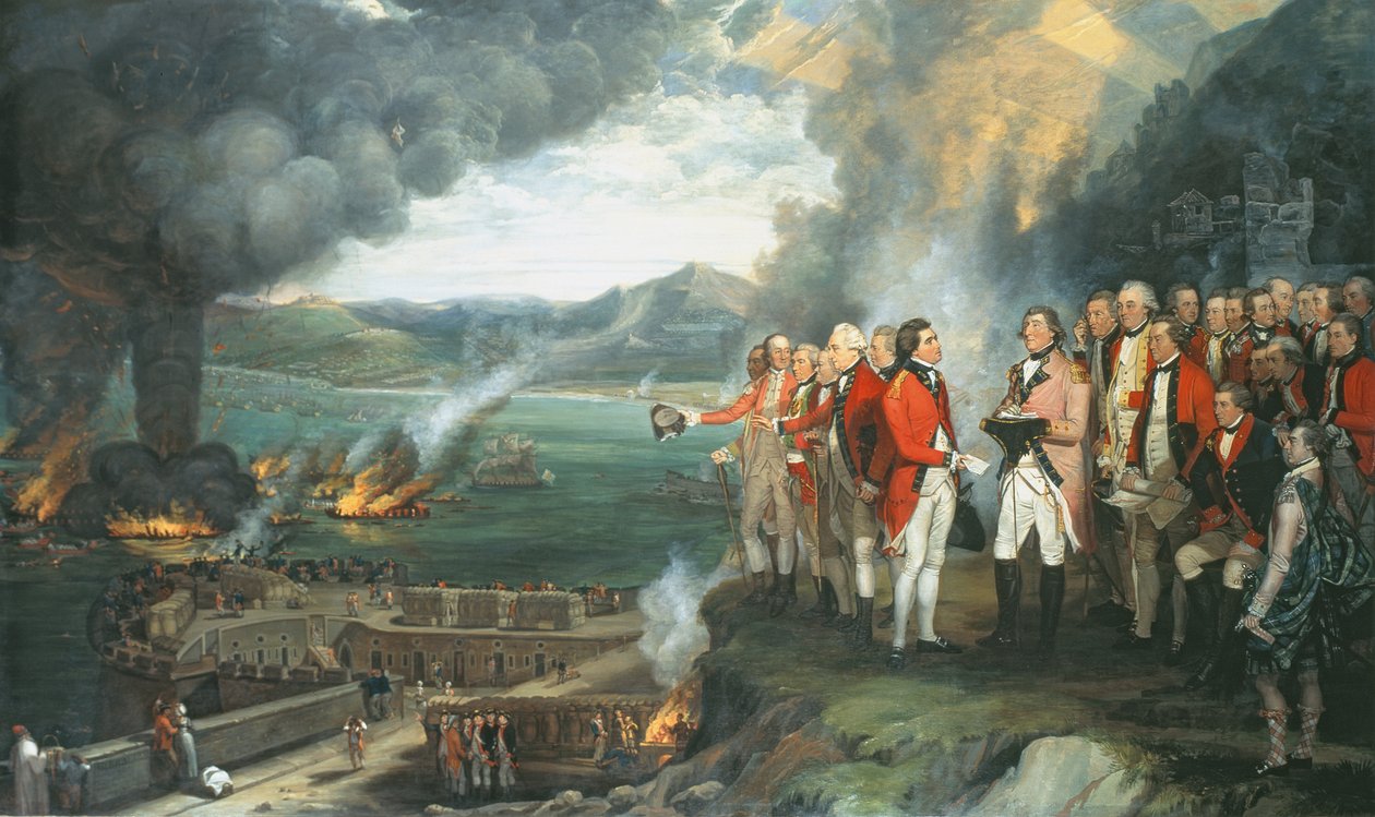Kenraali Eliott ja hänen upseerinsa tarkkailemassa kelluvien akkujen tuhoutumista, Gibraltar, 14. syyskuuta 1782, 1784 tekijältä George Carter