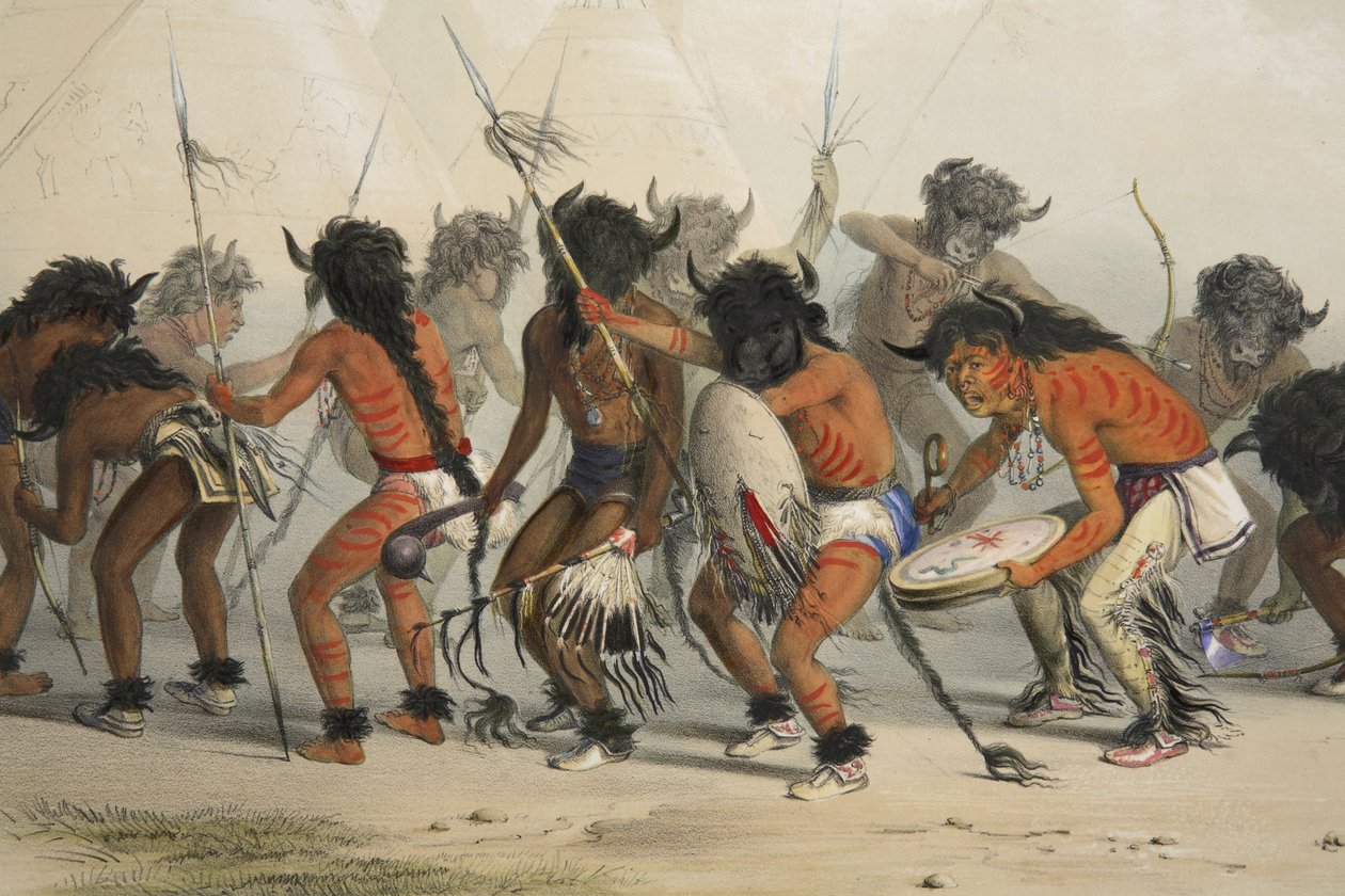Buffalo Dance (yksityiskohta), Catlins North American Indian Portfoliosta. Metsästyskohtauksia ja huvituksia Kalliovuorista ja Amerikan preeriasta, pubi. 1845 tekijältä George Catlin