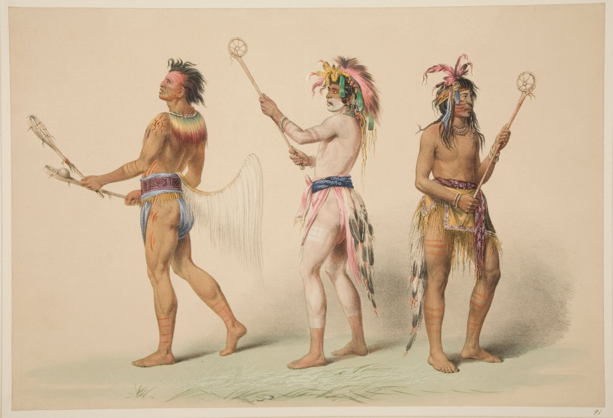 Kuva Lacrosse-pelaajista, teoksesta Illustrations of the Manners, Customs & Conditions of the North American Indians, Lontoo, 1845 (käsinvärinen kaiverrus) tekijältä George Catlin