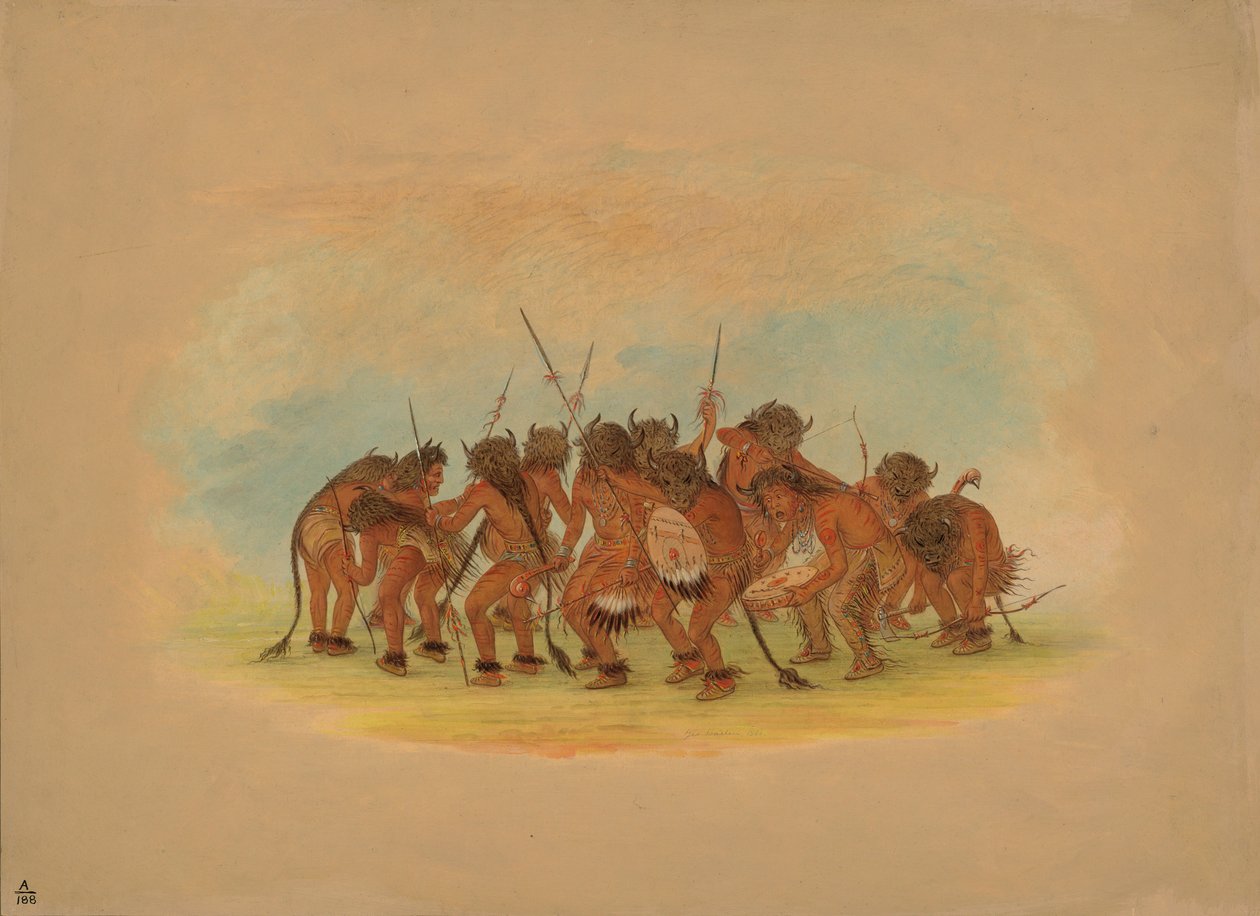 Mandan Buffalo Dance, 1861 (öljy kartongille kiinnitetylle kortille) tekijältä George Catlin