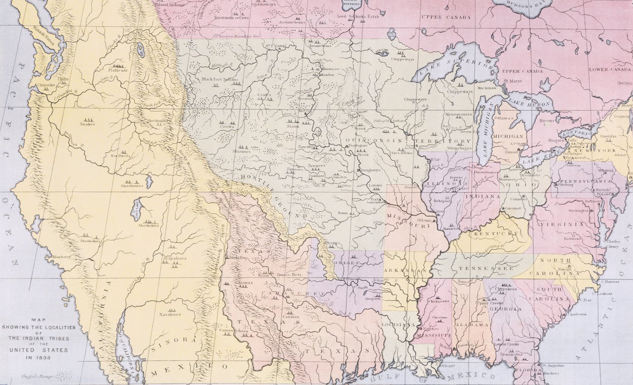 Kartta, jossa näkyvät Yhdysvaltojen intiaaniheimojen paikkakunnat vuonna 1833, kuvitus Thomas L. McKenneyn ja James Hallin teoksesta "The Indian Tribes of North America, Vol.3", pub. kirjoittanut John Grant (väri litho tekijältä George Catlin
