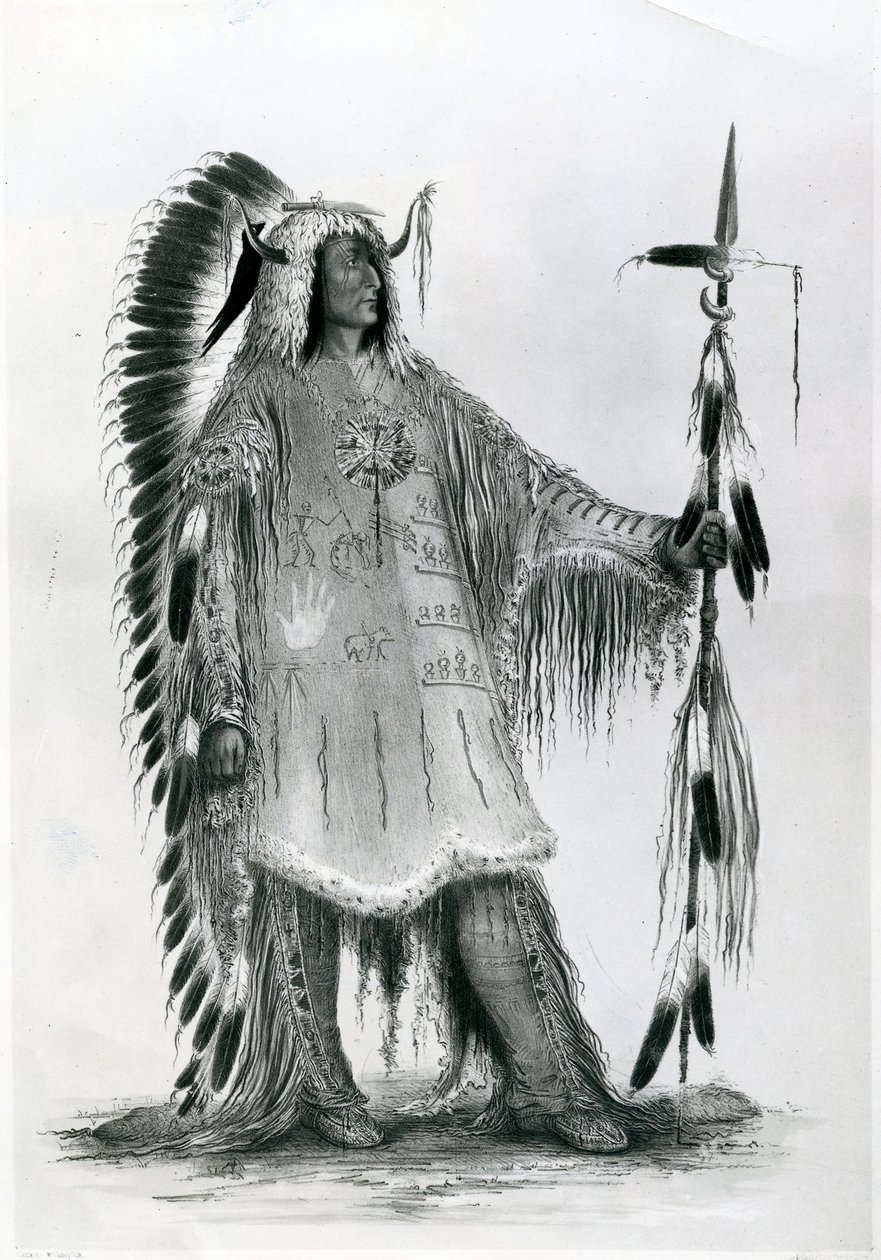 Mato-Tope, mandan-kansan toinen päällikkö, noin 1833 (bw litografia). tekijältä George Catlin