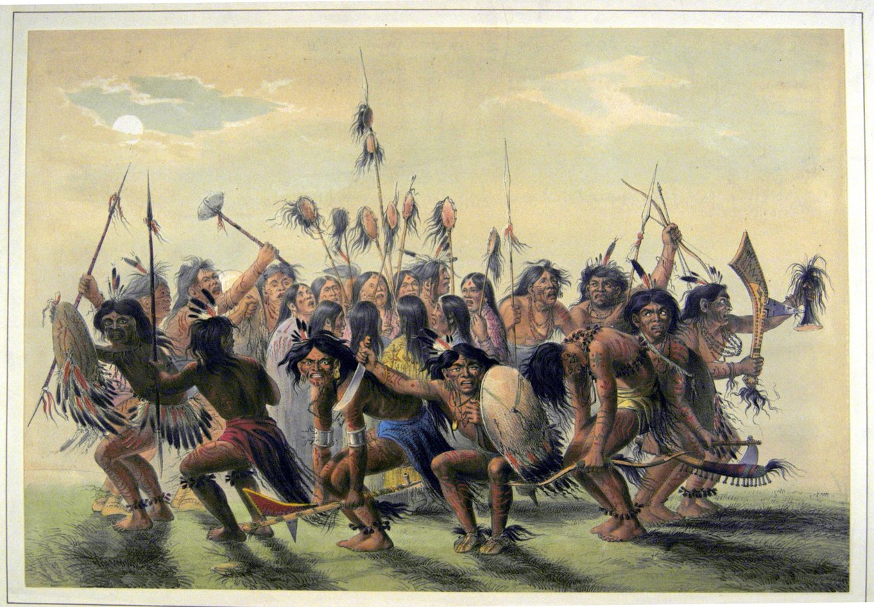 Alkuperäisamerikkalaiset esittävät heimoryhmätanssia tekijältä George Catlin