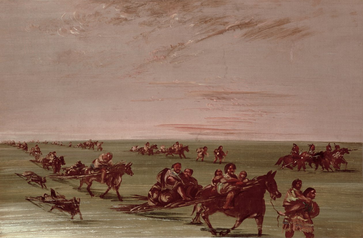 Punaiset intiaanit käyttävät travois tekijältä George Catlin