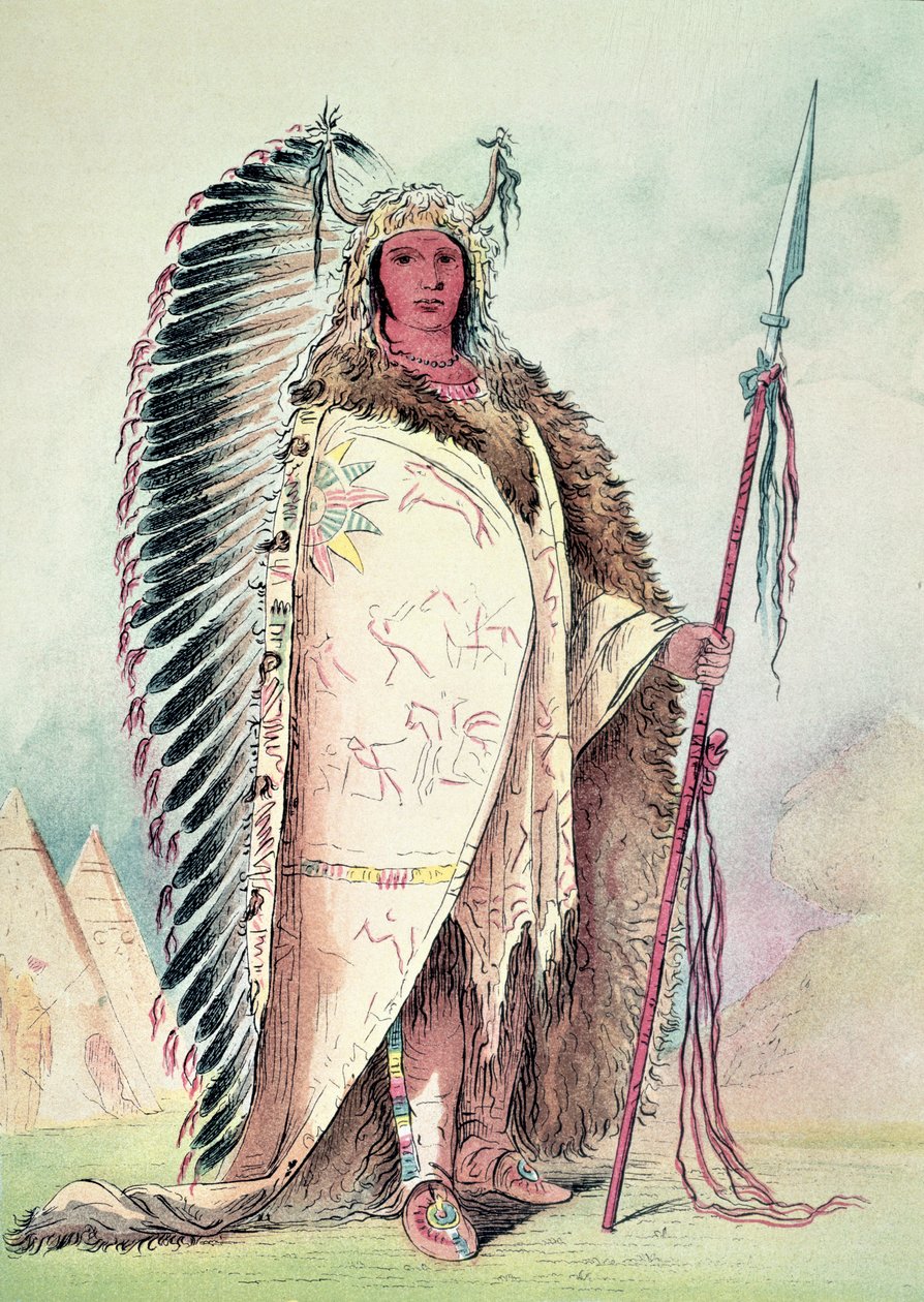 Sioux-päällikkö, "Musta kallio" (käsin värjätty litografia). tekijältä George Catlin