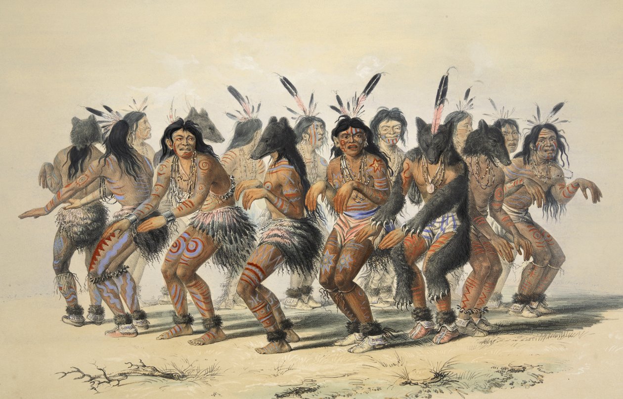 The Bear Dance (yksityiskohta), Catlins North American Indian Portfoliosta. Metsästyskohtauksia ja huvituksia Kalliovuorista ja Amerikan preeriasta, pubi. 1845 tekijältä George Catlin