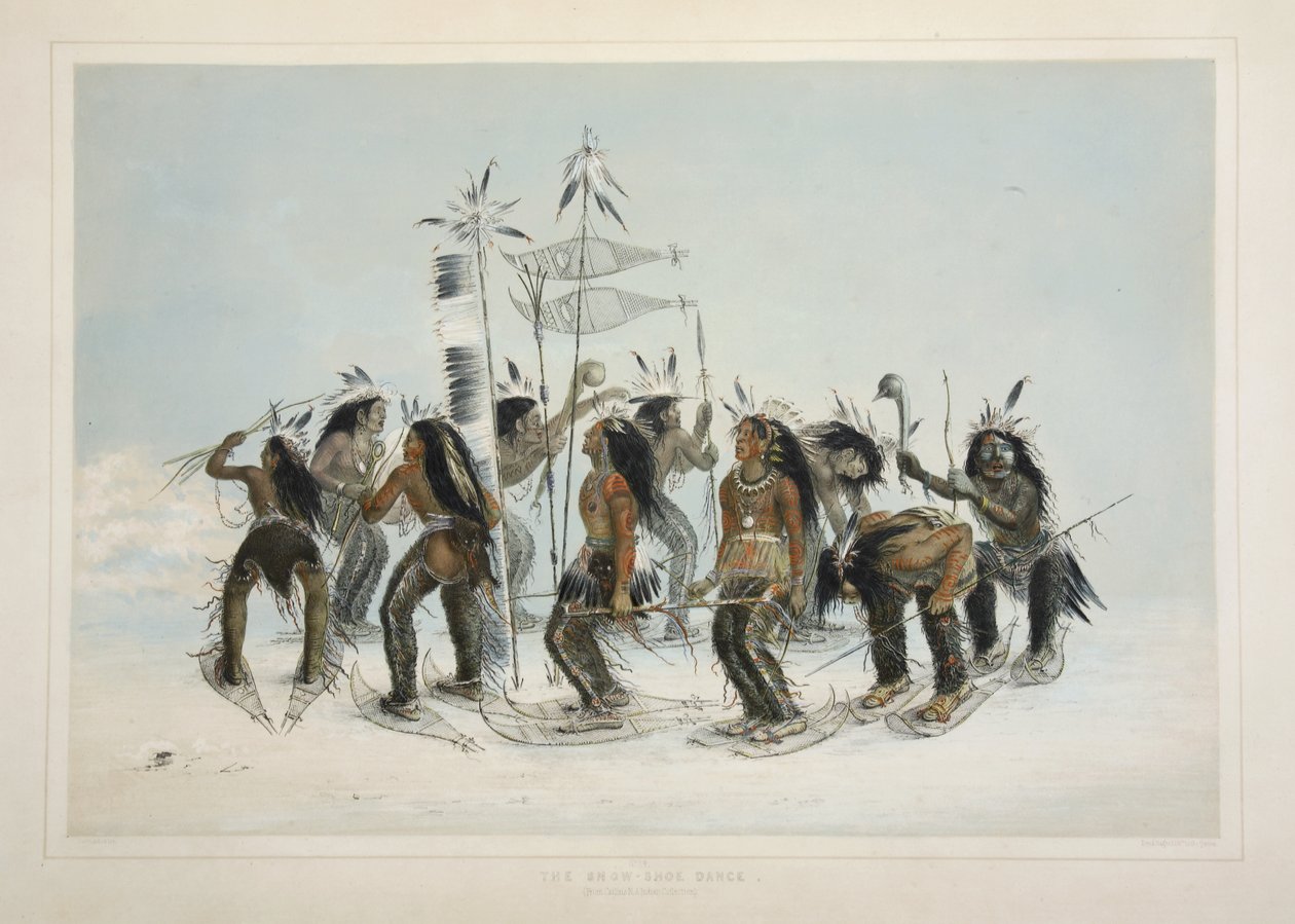 The Snow Shoe Dance, Catlins North American Indian Portfoliosta. Metsästyskohtauksia ja huvituksia Kalliovuorista ja Amerikan preeriasta, pubi. 1845 tekijältä George Catlin