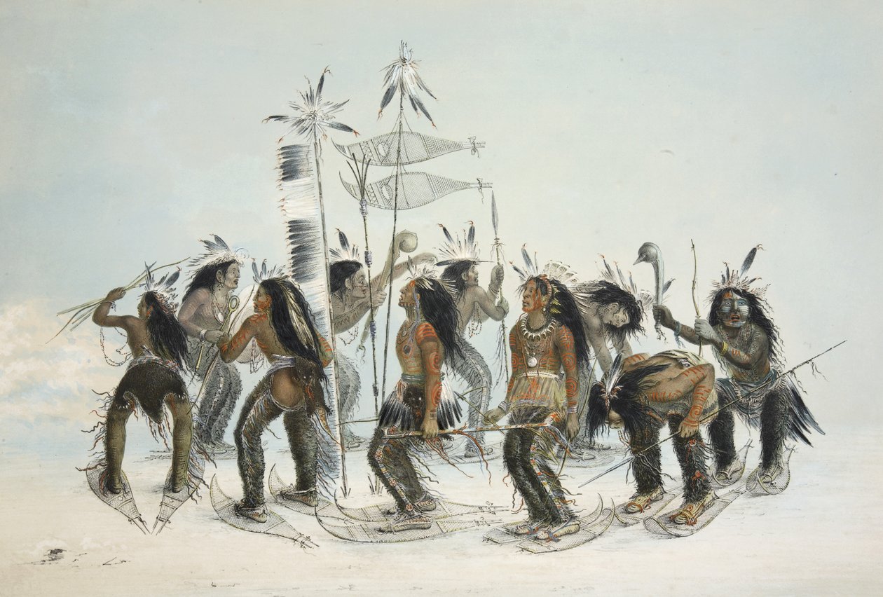 Lumikenkätanssi Catlinsin Pohjois-Amerikan intiaaniportfoliosta. Metsästyskohtauksia ja huvituksia Kalliovuorista ja Amerikan preeriasta, pubi. 1845 tekijältä George Catlin