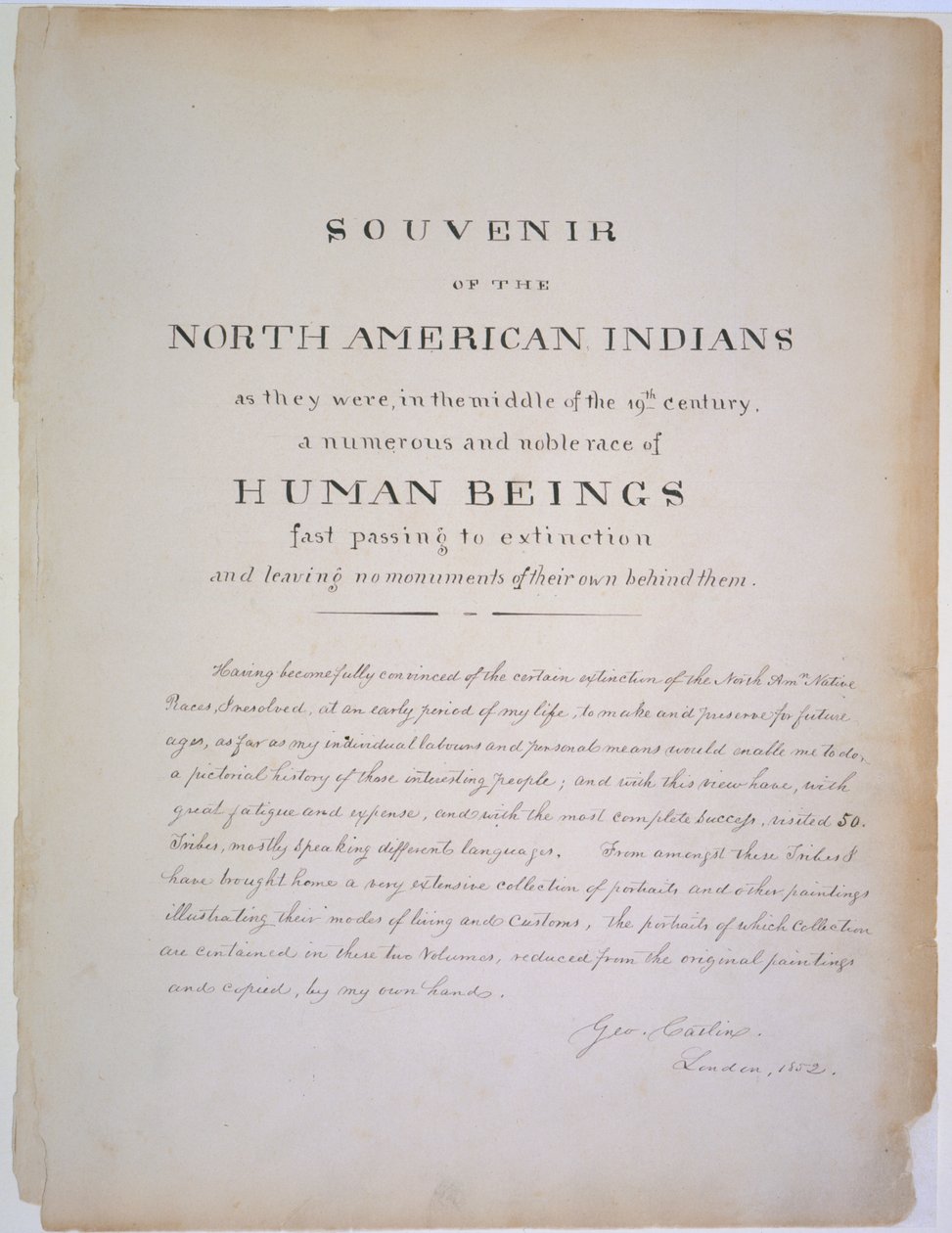 Lontoossa 1852 julkaistun kirjan "Souvenir of the North American Indians as ne 1800-luvun puolivälissä, lukuisa ja jalo ihmisrotu, joka kuolee nopeasti sukupuuttoon" otsikkosivu (s. tekijältä George Catlin