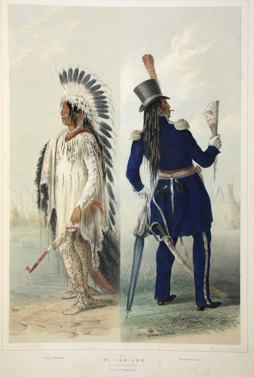 Wi-Jun-Jon, Assinneboin-päällikkö, Catlins North American Indian Portfoliosta. Metsästyskohtauksia ja huvituksia Kalliovuorista ja Amerikan preeriasta, pubi. 1845 tekijältä George Catlin