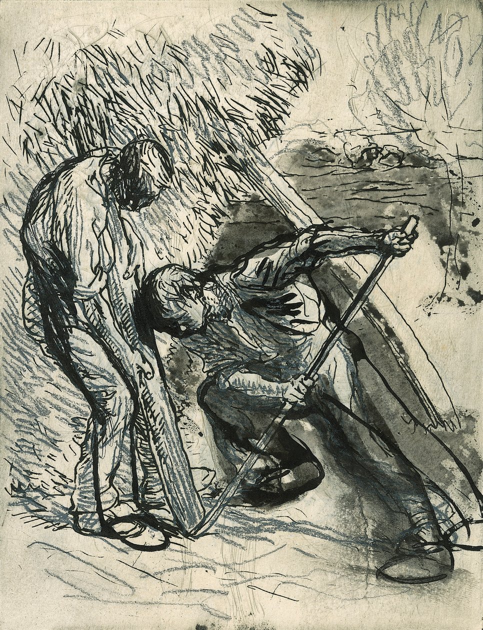 Rikin tukeminen, n. 1900 (lyijykynä, kynä ja muste vedosetsauksen päällä) tekijältä George Clausen