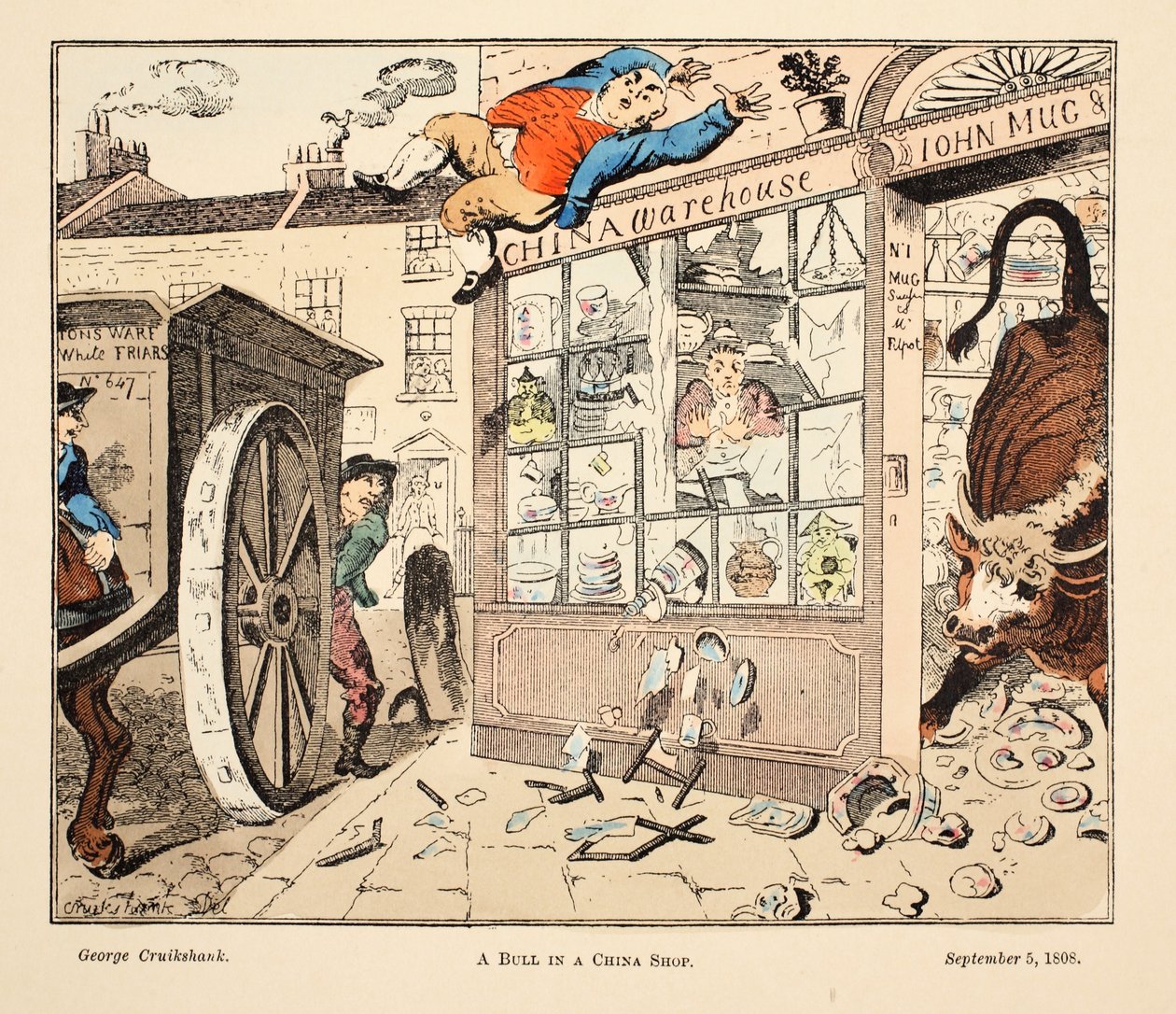 A Bull in a China Shop, pub. 1808 (käsin värjätty kaiverrus) tekijältä George Cruikshank