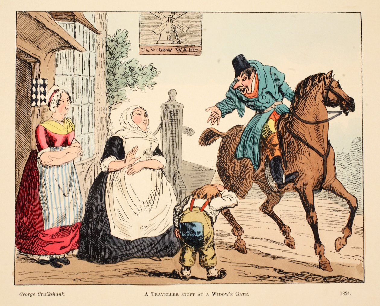 Matkustaja pysähtyi lesken portilla, pubissa. 1824 (käsinvärinen kaiverrus) tekijältä George Cruikshank