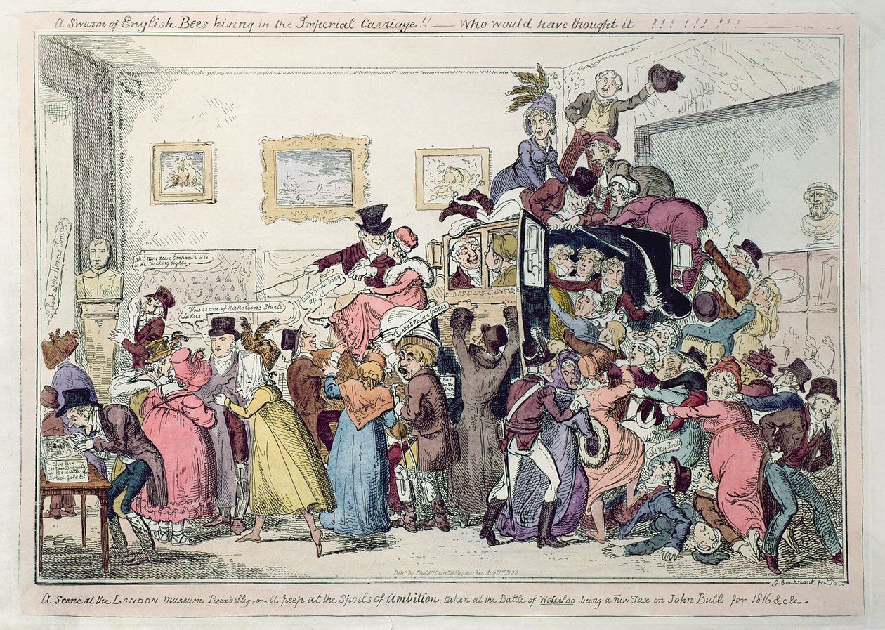 "Englannin mehiläisparvi pesäilee Imperial Carriagessa!! - Kuka olisi uskonut sitä" tai "Scene at the London Museum, Piccadilly", 1800-luku tekijältä George Cruikshank