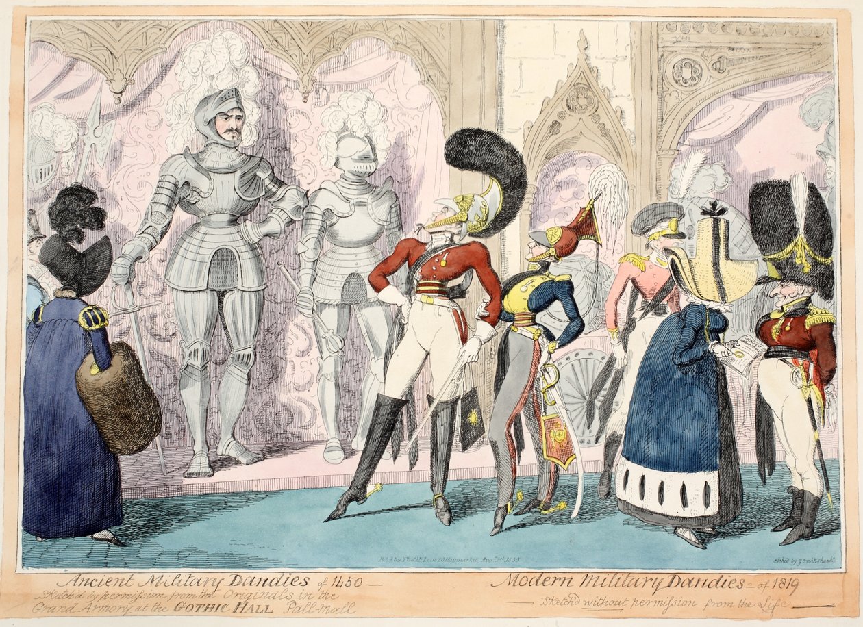 Muinaiset sotilaskandidaatit vuodelta 1450, nykyaikaiset sotilaskandidaatit vuodelta 1819, 1835 (käsin väritetty kaiverrus). tekijältä George Cruikshank