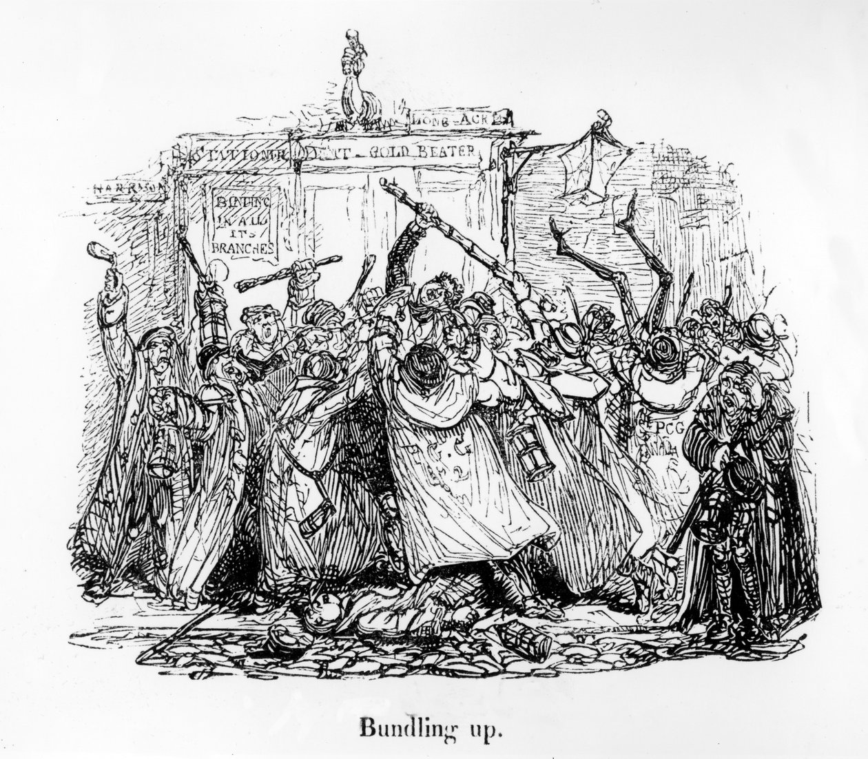 Bundling Up, kuvitus teoksesta Mornings at Bow Street: valikoima humoristisimpia ja viihdyttävimpiä raportteja, jotka ovat ilmestyneet John Wightin Morning Heraldissa, 1838 tekijältä George Cruikshank
