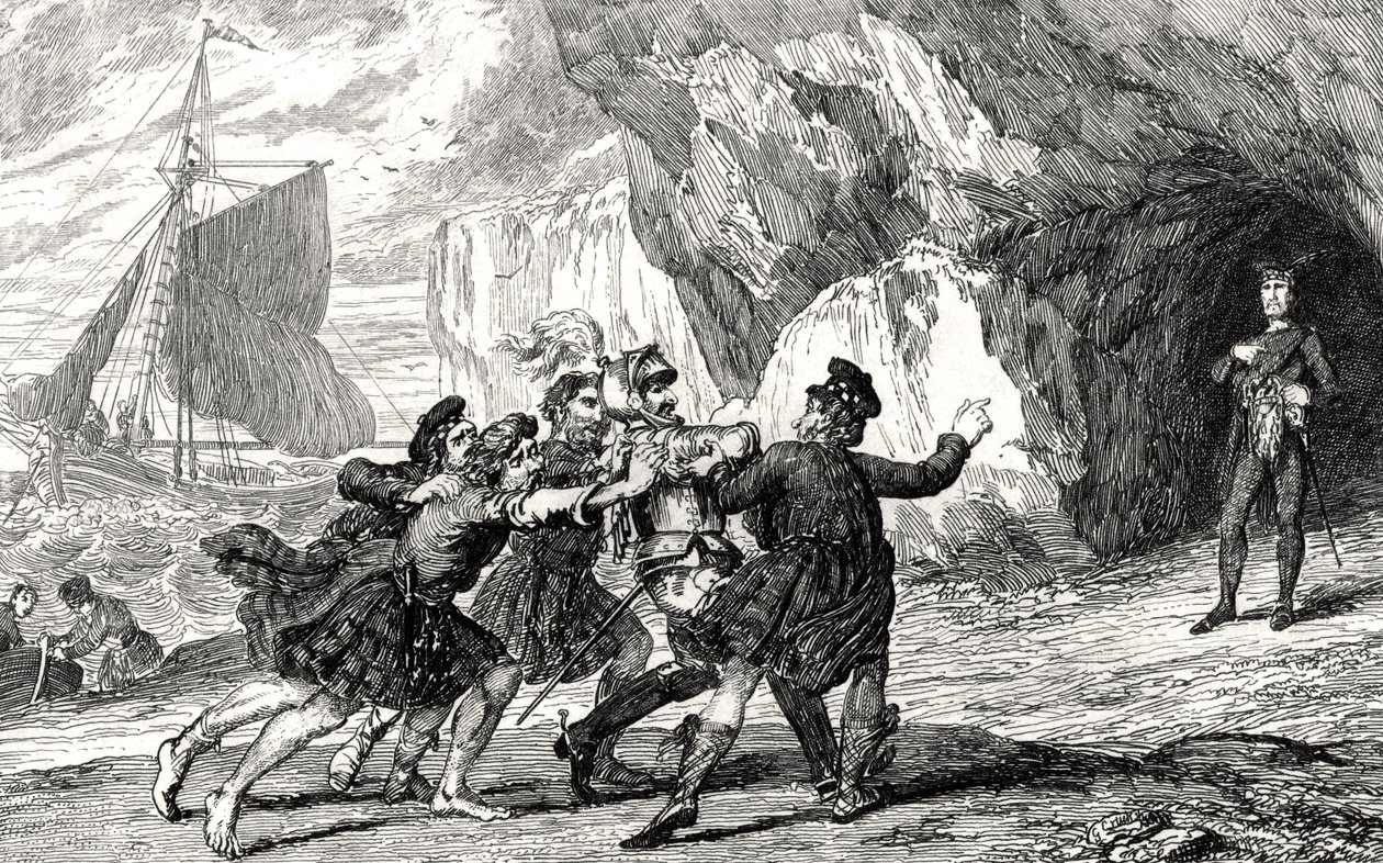 Kapteeni Dalgetty Ardenvohrissa, piirros Sir Walter Scottin (1771-1832) teoksesta A Legend of Montrose, julkaistu 1843 tekijältä George Cruikshank