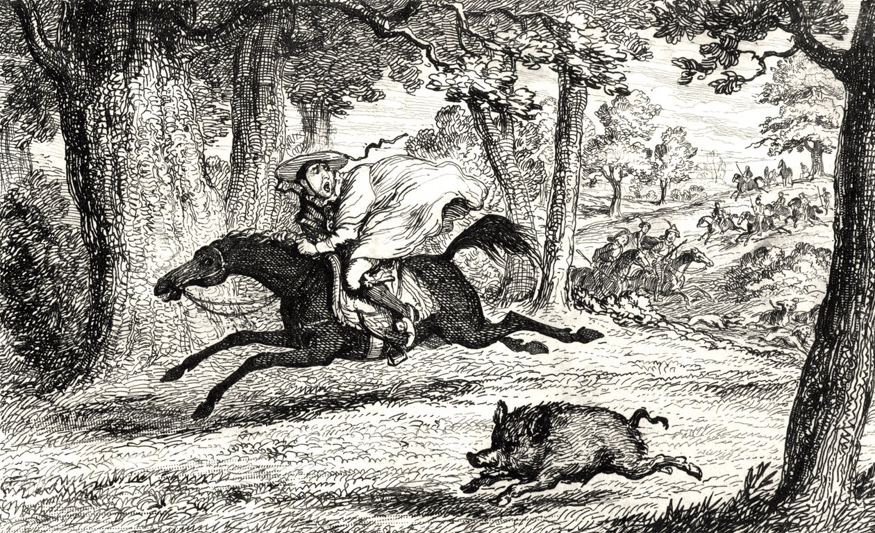 Kardinaali John of Belue jahtaa villisiaa, piirros Sir Walter Scottin (1771-1832) Quentin Durwardista, julkaistu 1845 tekijältä George Cruikshank