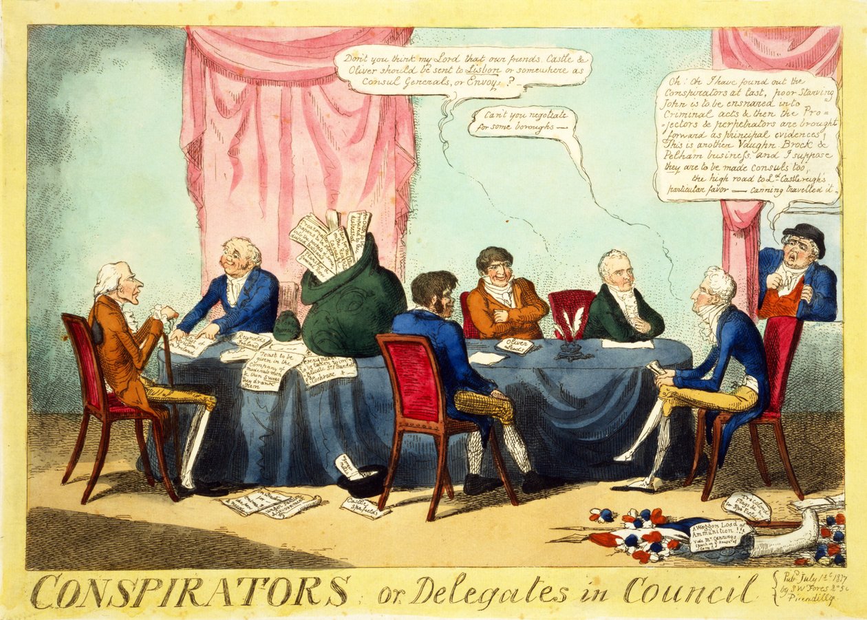 Salaliittolaiset tai valtuuston edustajat, 1817 (käsinvärinen kaiverrus) tekijältä George Cruikshank