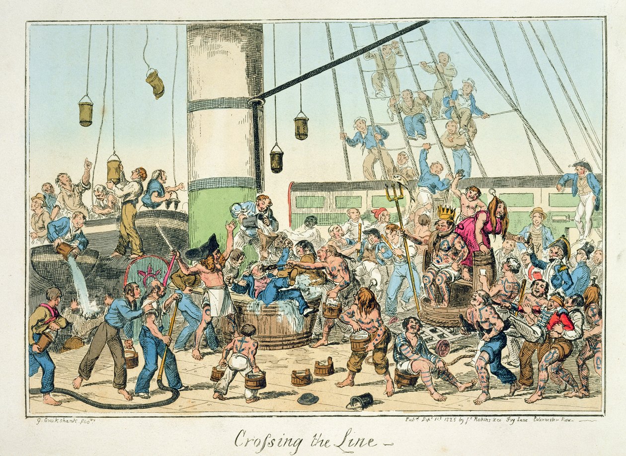 "Crossing the Line", kuvitus sarjasta vedoksia elämästä laivastossa, 1825 tekijältä George Cruikshank