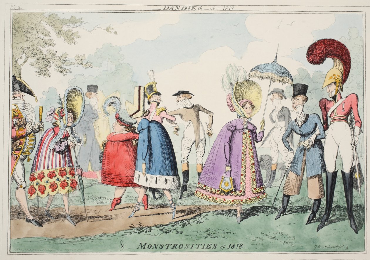 Dandies of 1817 ja Monstrosities of 1818, pub. 1835 (käsinvärinen akvatinta) tekijältä George Cruikshank