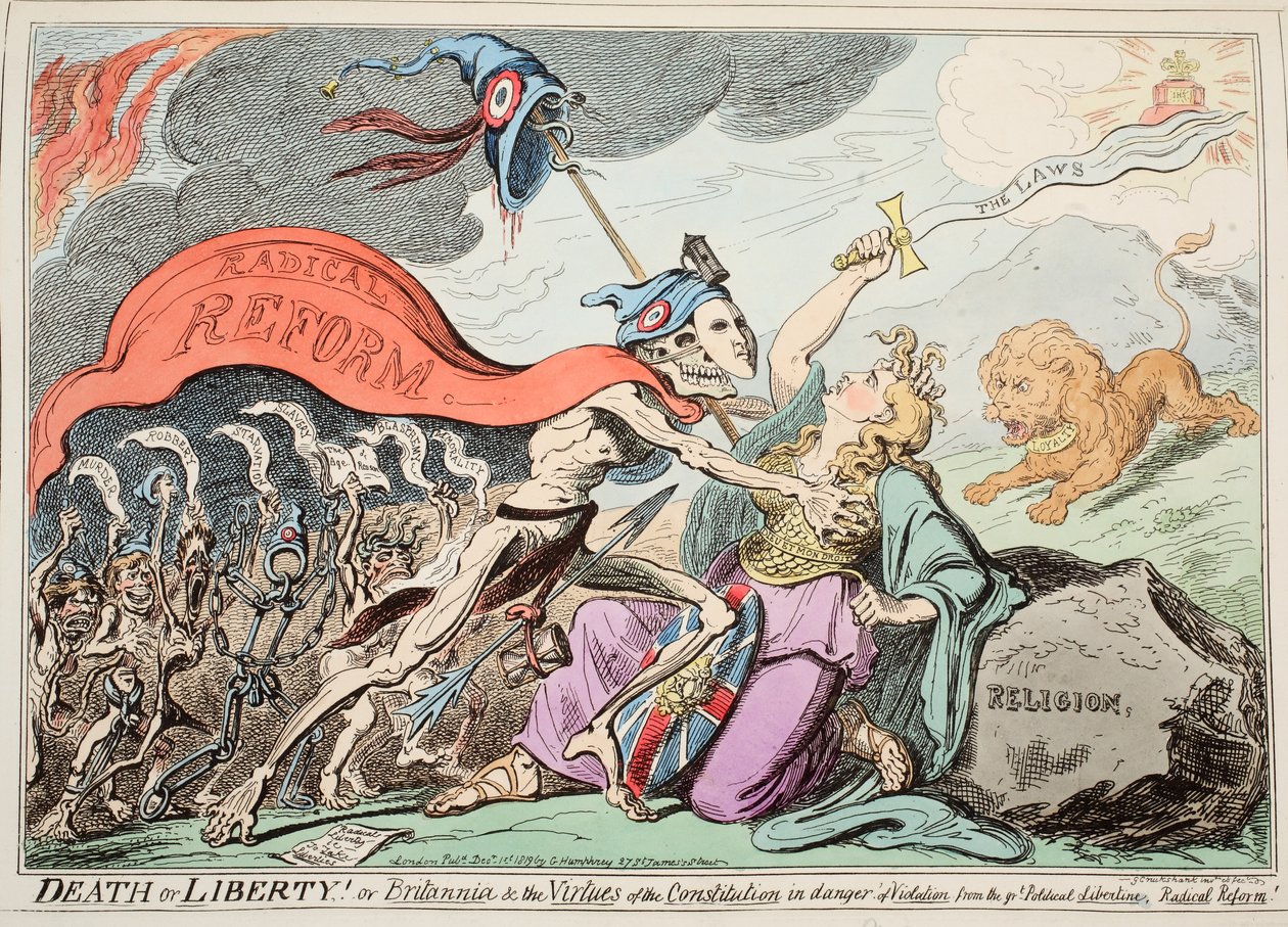 Kuolema tai vapaus! Tai Britannia ja perustuslain hyveet suuren poliittisen vapauden rikkomisen vaarassa, Radical Reform!, pub. 1819 (käsinvärinen etsaus) tekijältä George Cruikshank