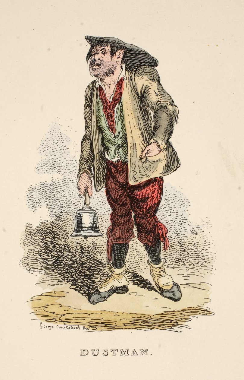 Dustman, julkaisusta The Gentlemans Pocket Magazine, pub. 1827 (käsin väritetty kaiverrus) tekijältä George Cruikshank