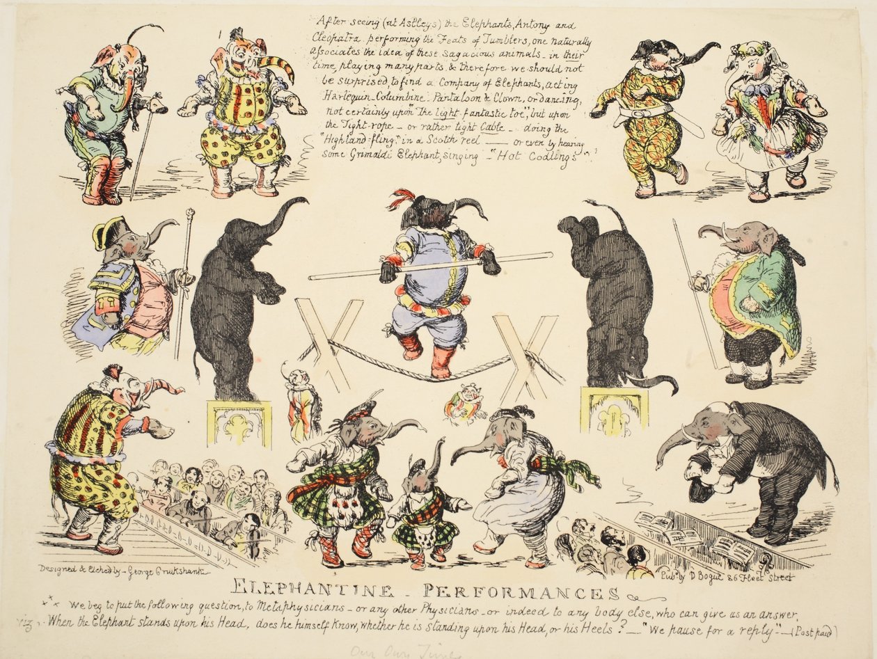 Elephantine Performances, pubi. n. 1854 (käsinvärinen etsaus) tekijältä George Cruikshank