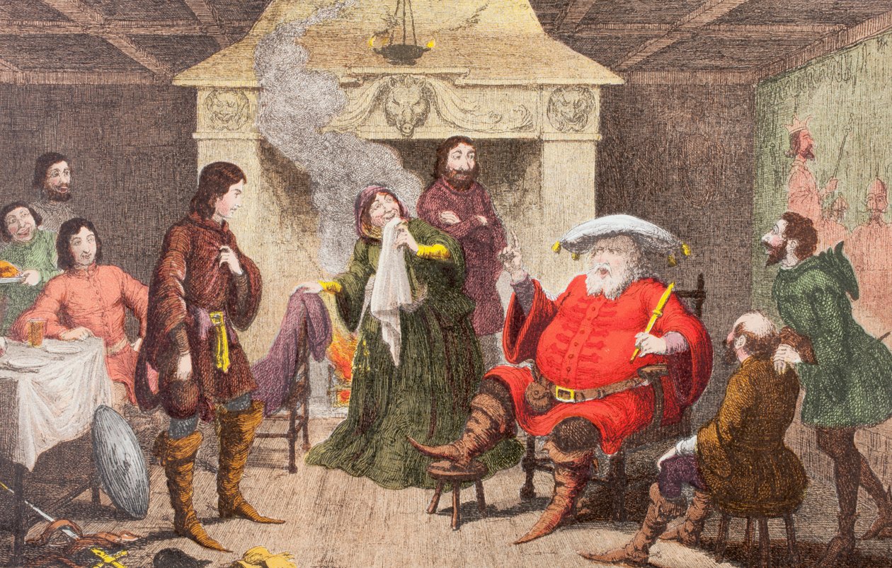 Falstaff esittää kuninkaan osan Henrik IV:n osa I, II näytös, kohtaus IV, Lontoossa 1890 julkaistusta The Illustrated Library Shakespearesta. tekijältä George Cruikshank