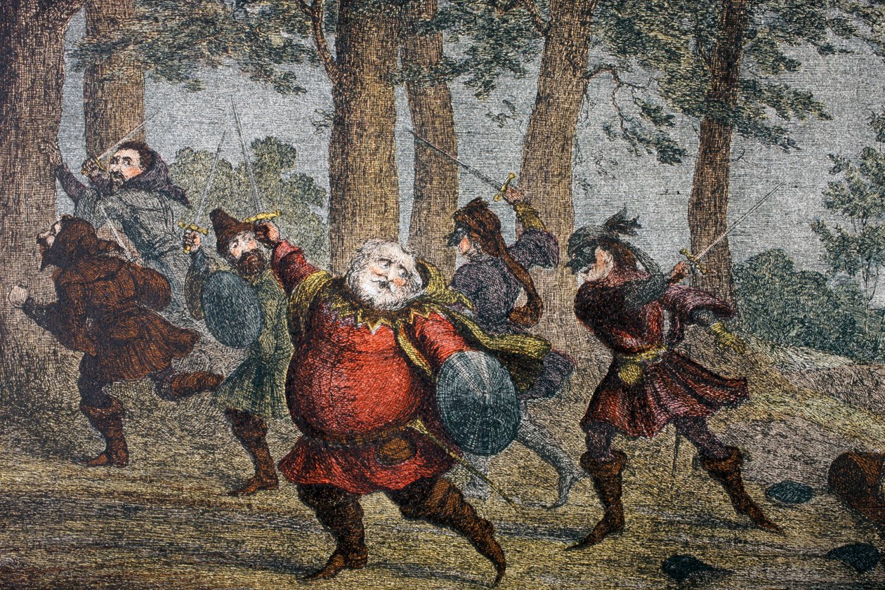 "Falstaff hikoilee kuoliaaksi ja imartelee laihaa maata kävellessään", 1890 tekijältä George Cruikshank