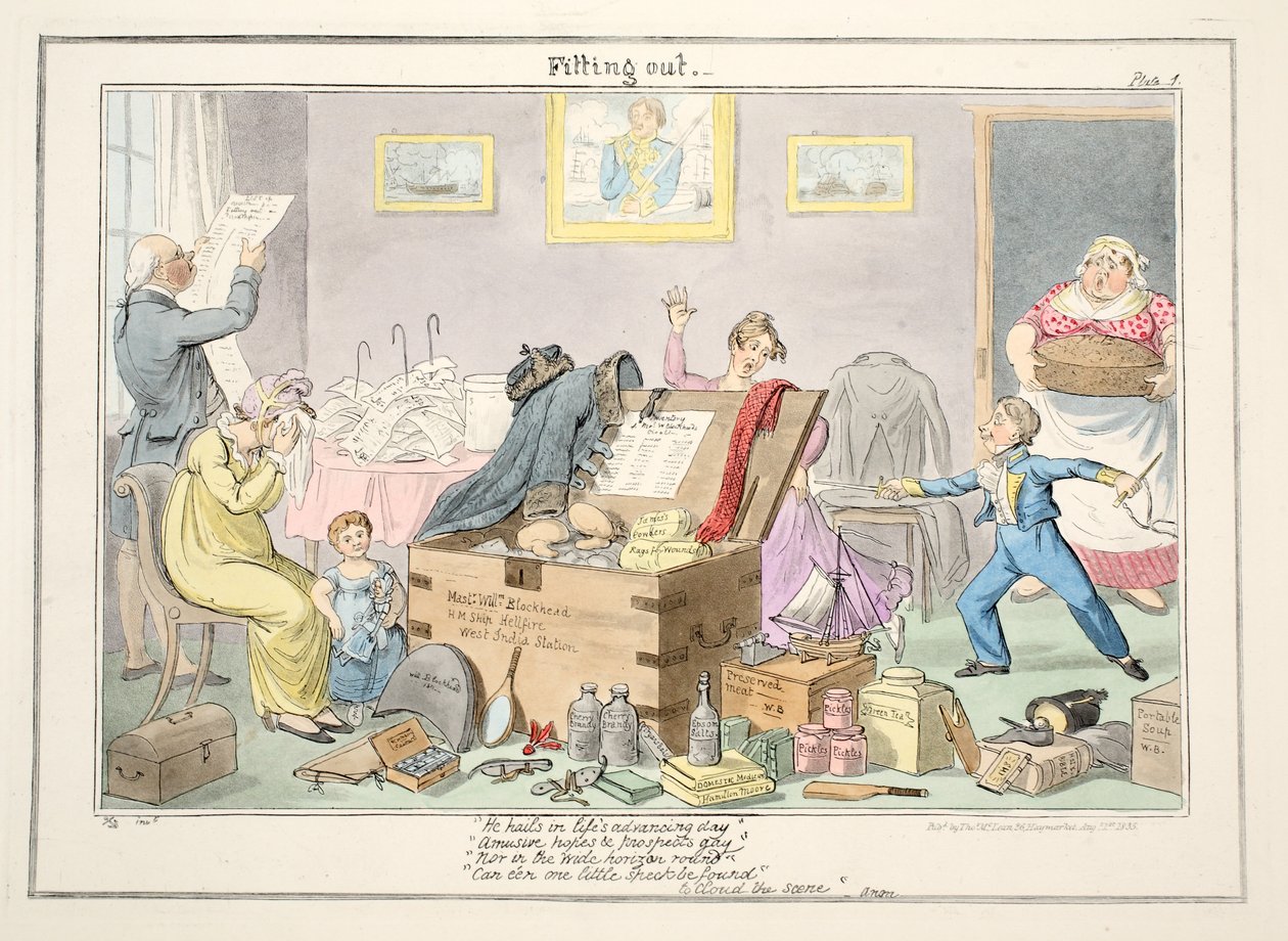 Sisustus, teoksesta The Progress of a Midshipman, 1835 (käsinvärinen kaiverrus) tekijältä George Cruikshank
