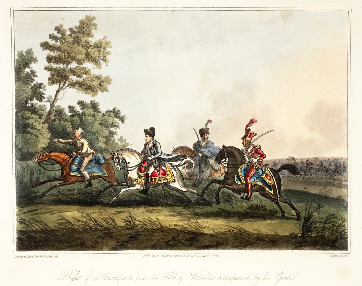 Buonaparten pako Waterloon kentältä oppaansa saattamana, engr Rouse, pub H. Colburn, 1816 tekijältä George Cruikshank