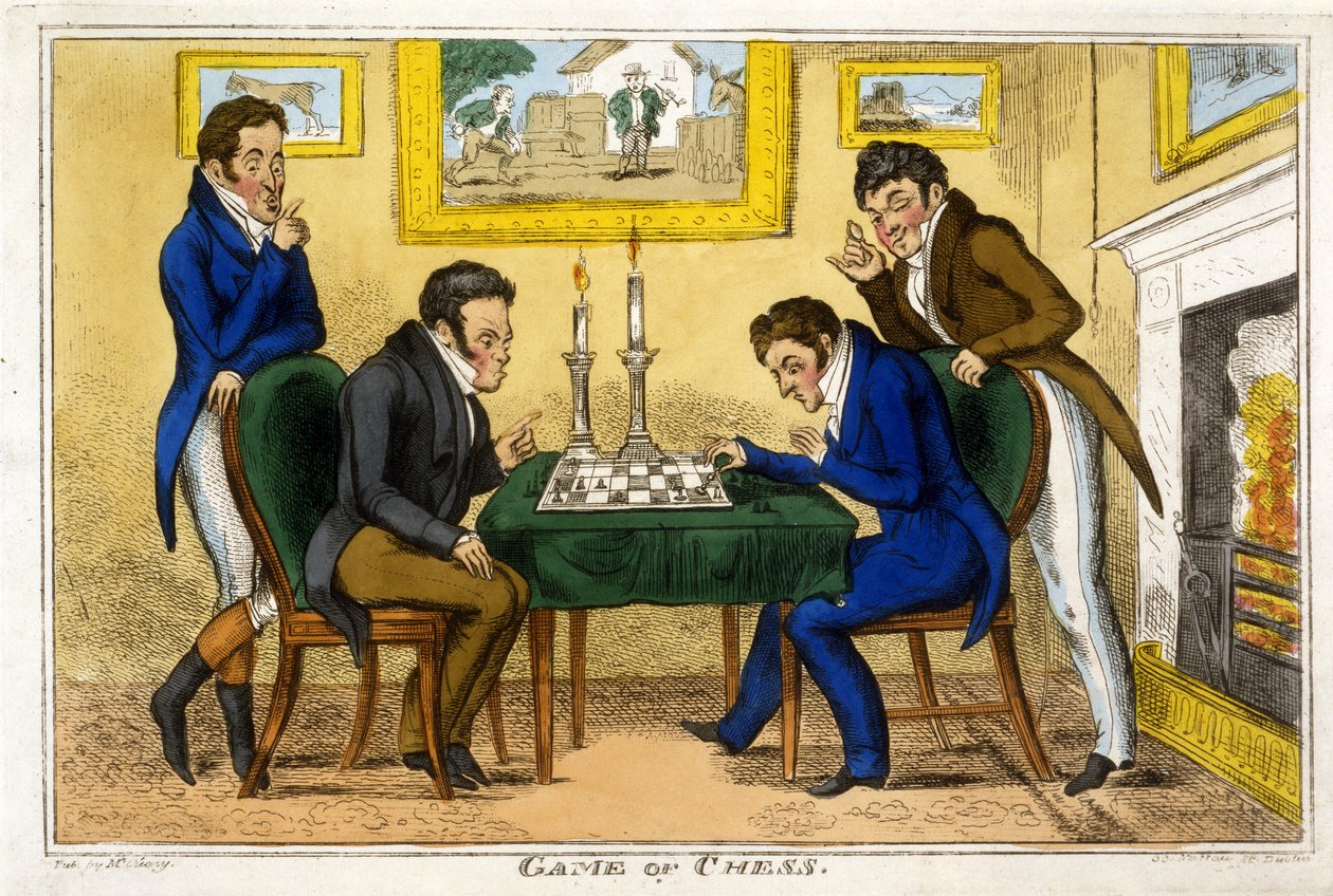 Shakkipeli, pubi. McCleary, Dublin, 1819 (käsinvärinen kaiverrus) tekijältä George Cruikshank
