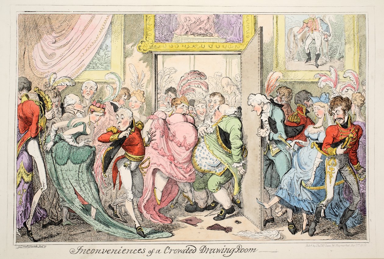 Ahtaisen olohuoneen, pubin haitat. 1835 (käsinvärinen etsaus) tekijältä George Cruikshank