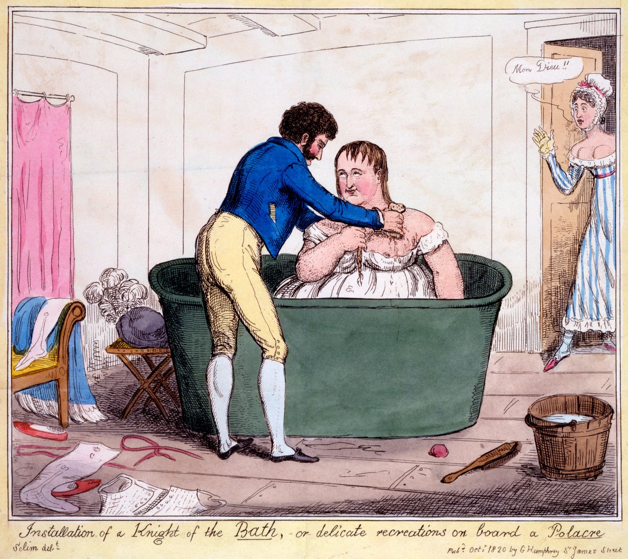 Knight of the Bath -asennus tai herkkä virkistys Polacre-aluksella, 1820 (käsinvärinen kaiverrus) tekijältä George Cruikshank