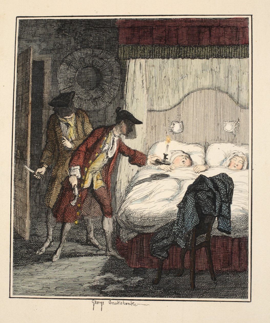 Jack Sheppard & Blueskin herra Woodsin makuuhuoneessa, Jack Sheppardin kuvitus: A Romance, William Harrison Ainsworth, julkaistu 1839 (käsin väritetty etsaus). tekijältä George Cruikshank