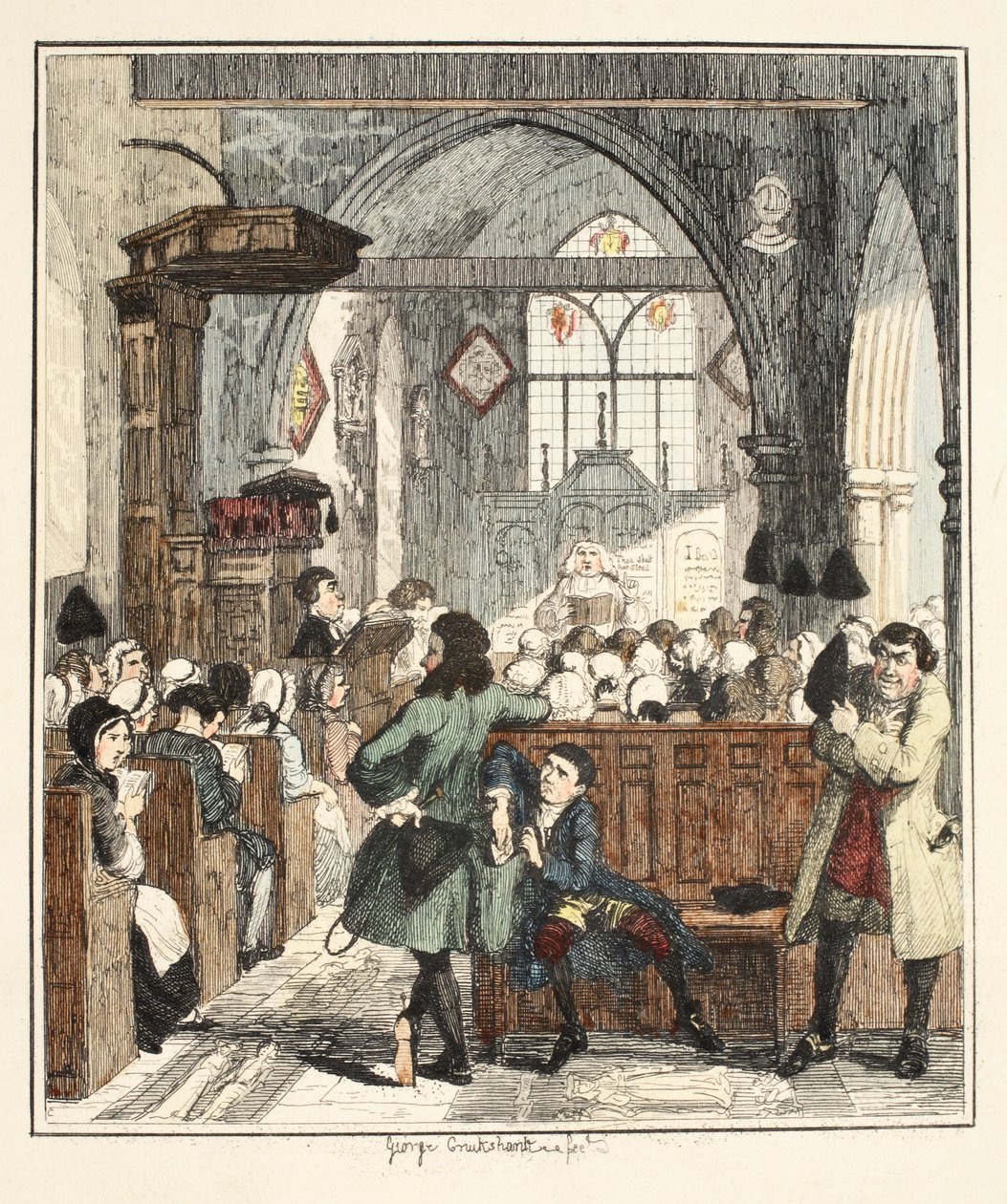 Jack Sheppard tekee ryöstöä Willesdenin kirkossa, kuvitus Jack Sheppardista: A Romance, William Harrison Ainsworth, julkaistu 1839 (käsin väritetty etsaus). tekijältä George Cruikshank