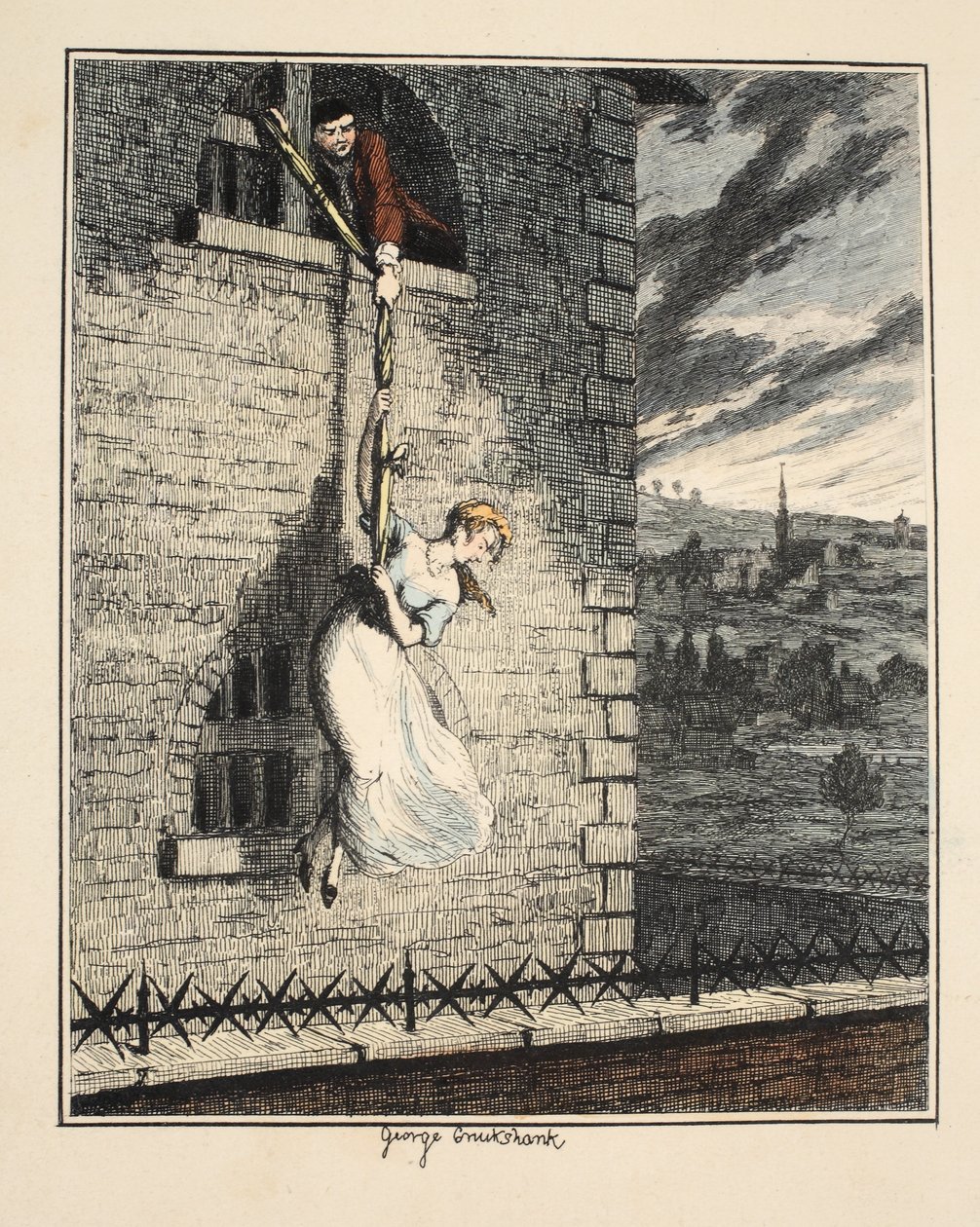 Jack Sheppard yhdessä Edgeworth Bessin kanssa paossa Clerkenwellin vankilasta, kuvitus Jack Sheppardista: A Romance, William Harrison Ainsworth, julkaistu 1839 (käsin väritetty etsaus). tekijältä George Cruikshank