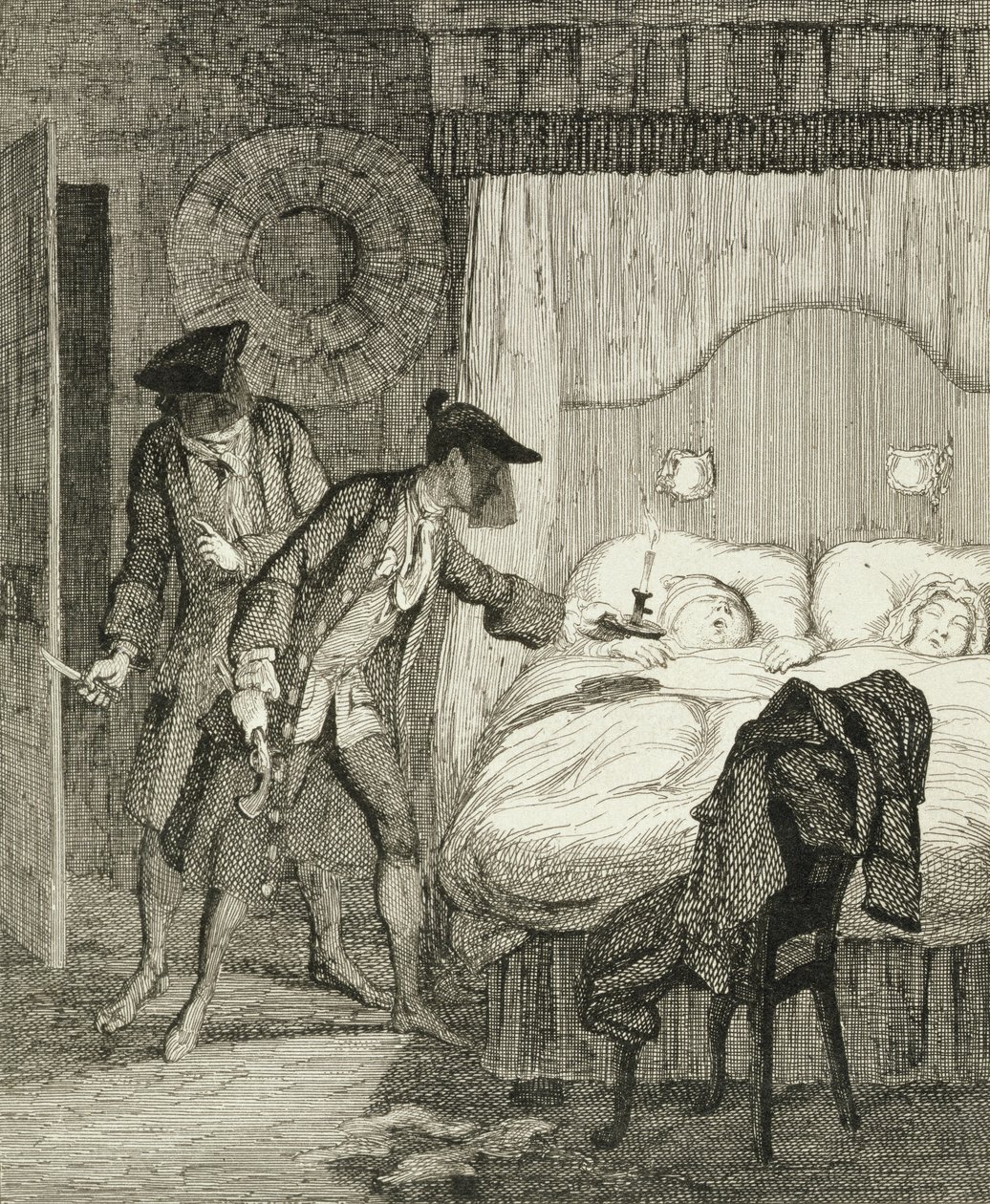 Jack ja hänen rikoskumppaninsa Blueskin ryöstävät herra Woodin ja hänen vaimonsa makuuhuoneessaan, kuvitus William Harrison Ainsworthin teoksesta "Jack Sheppard: A Romance", julkaistu 1839 tekijältä George Cruikshank